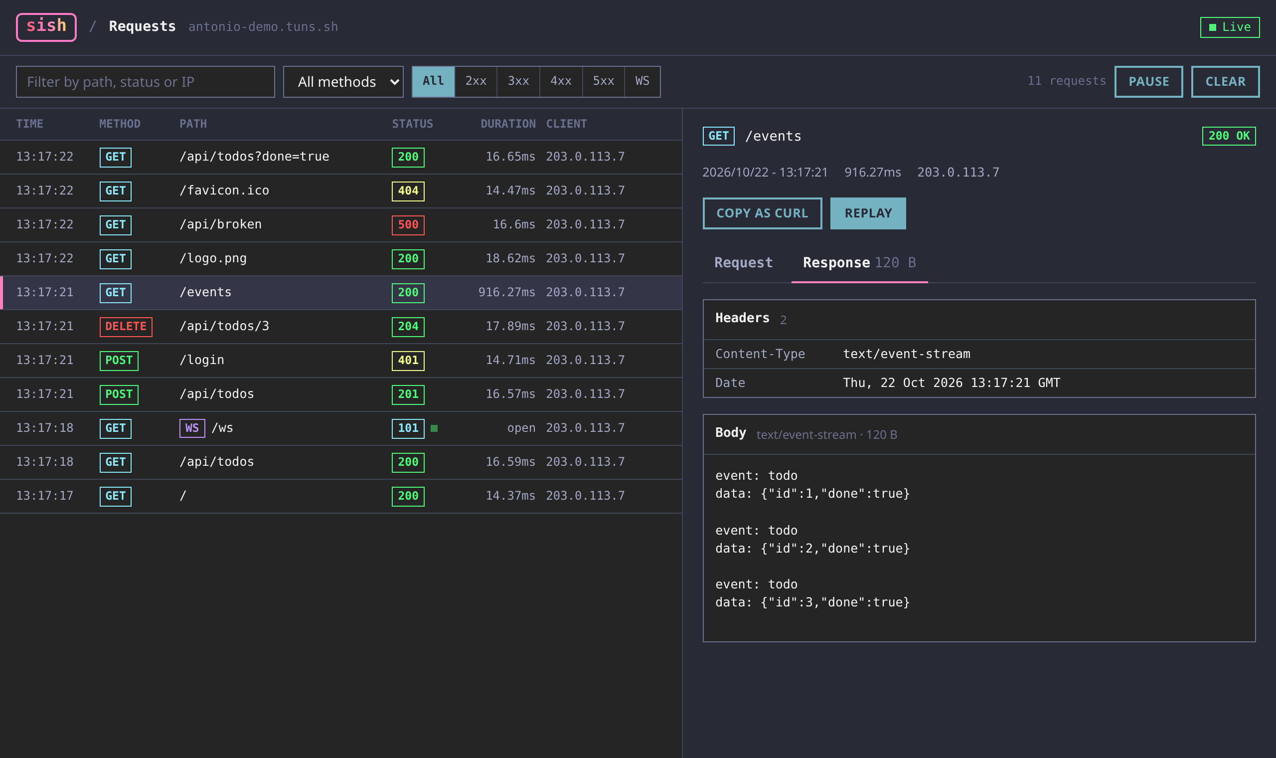 a server-sent events response captured by the service console